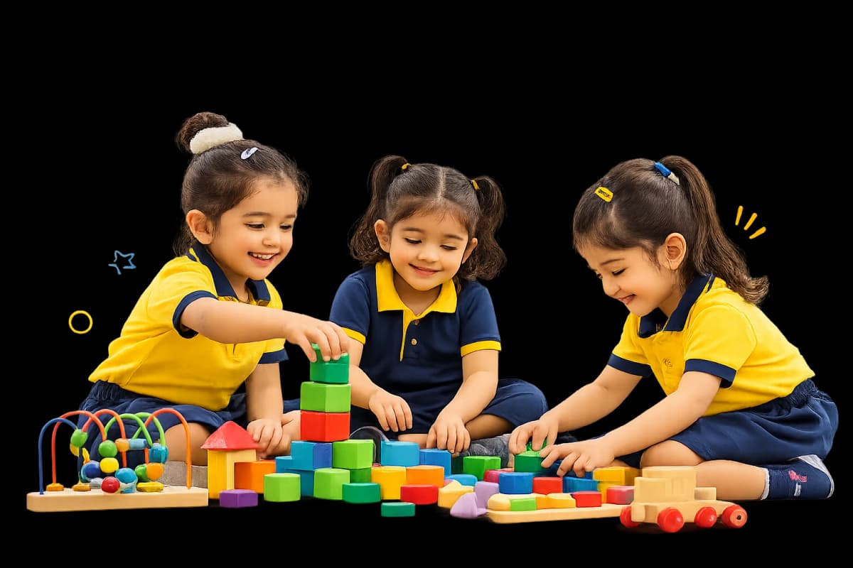 Teacher helping kids learn and play in preschool